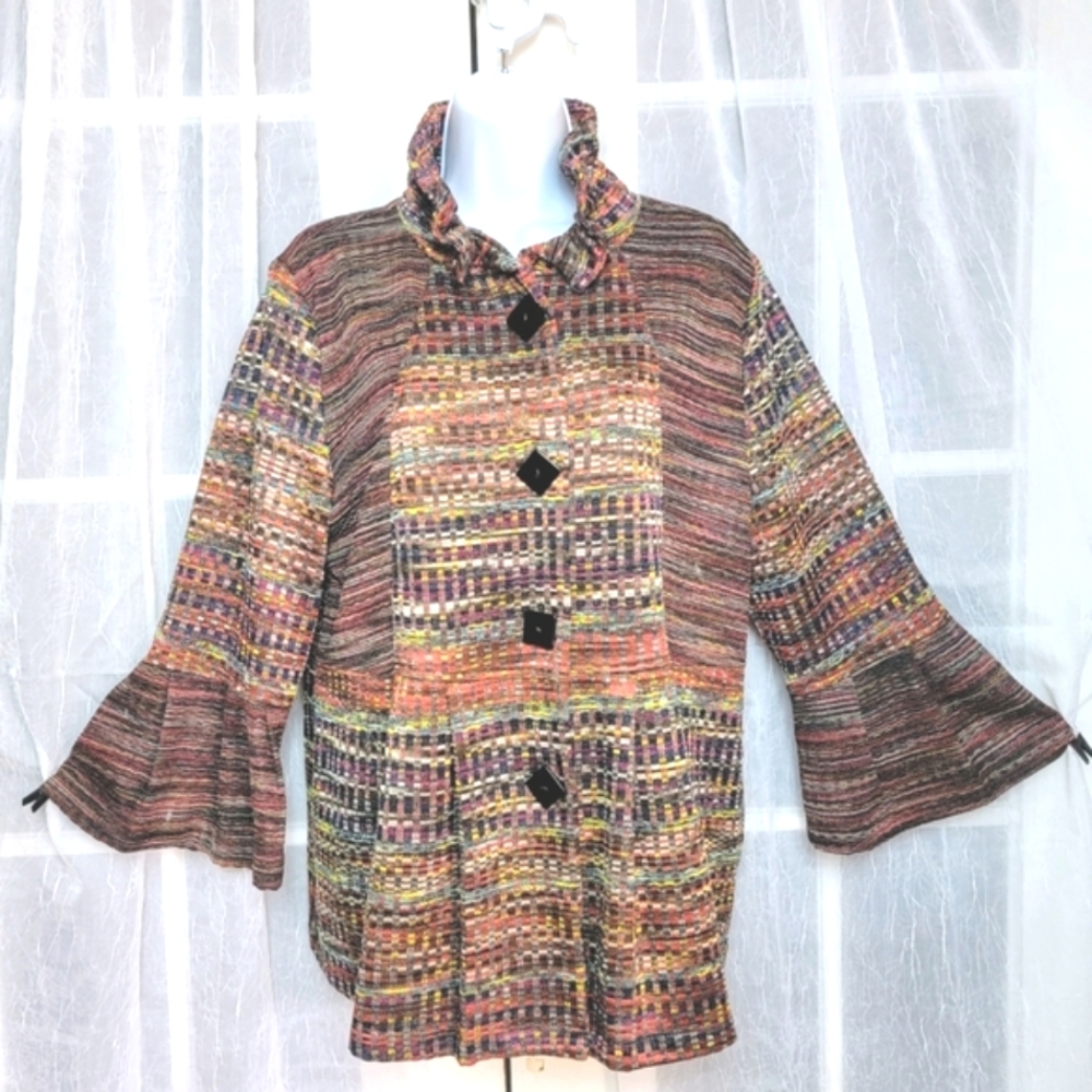 IC By Connie K Pleated Multi Knit Jacket Sz L Wire Ruffle Collar Pockets Artsy
